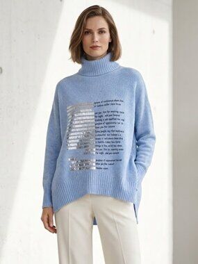 Carre Noir Italy Sweater Viscose Cashmere Turtleneck Boxy Super Soft Blue size L